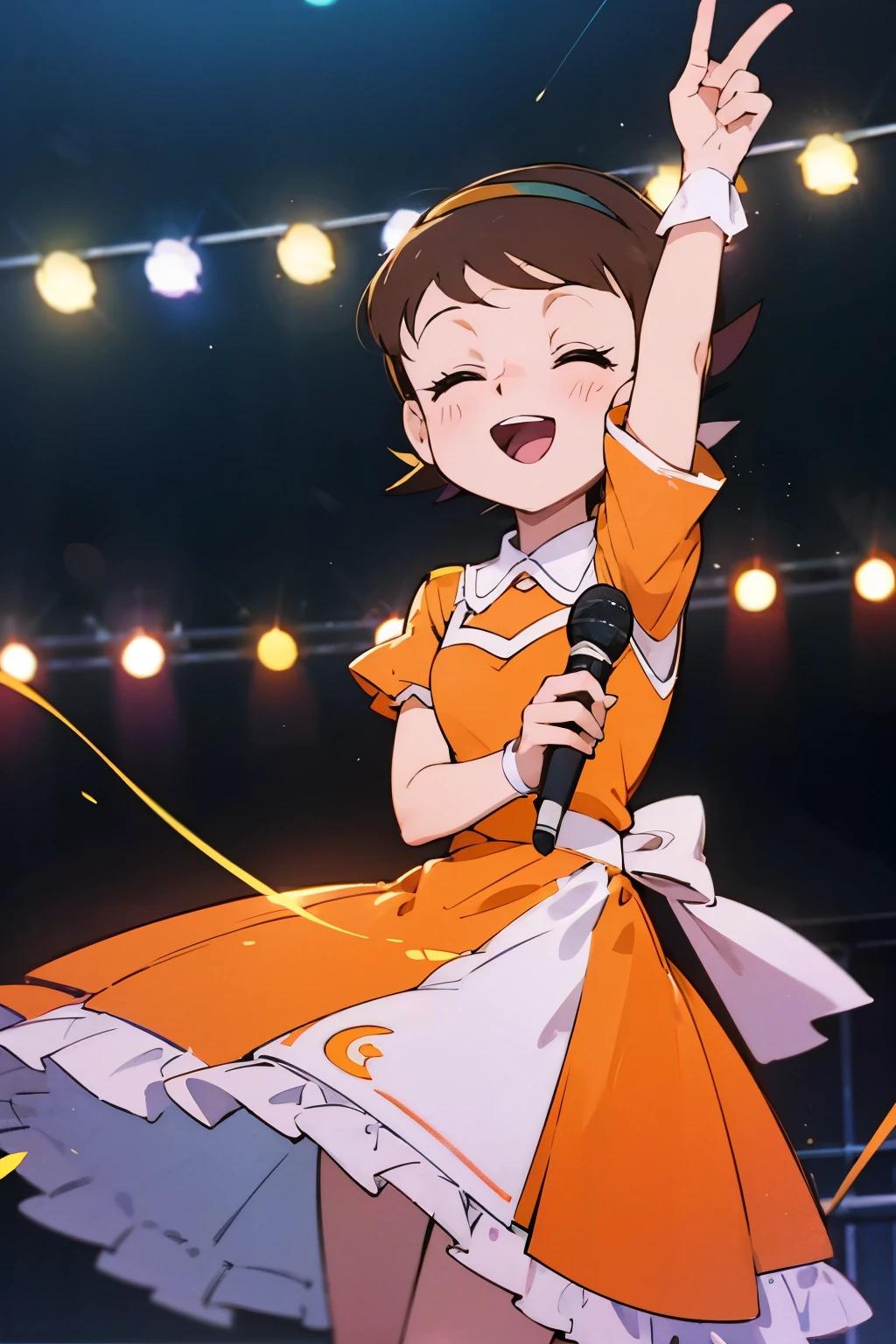 Tall Hoshino Sumire, young adult, wearing a orange strapless dress, holding a mic on stage, night show, energetic and happy