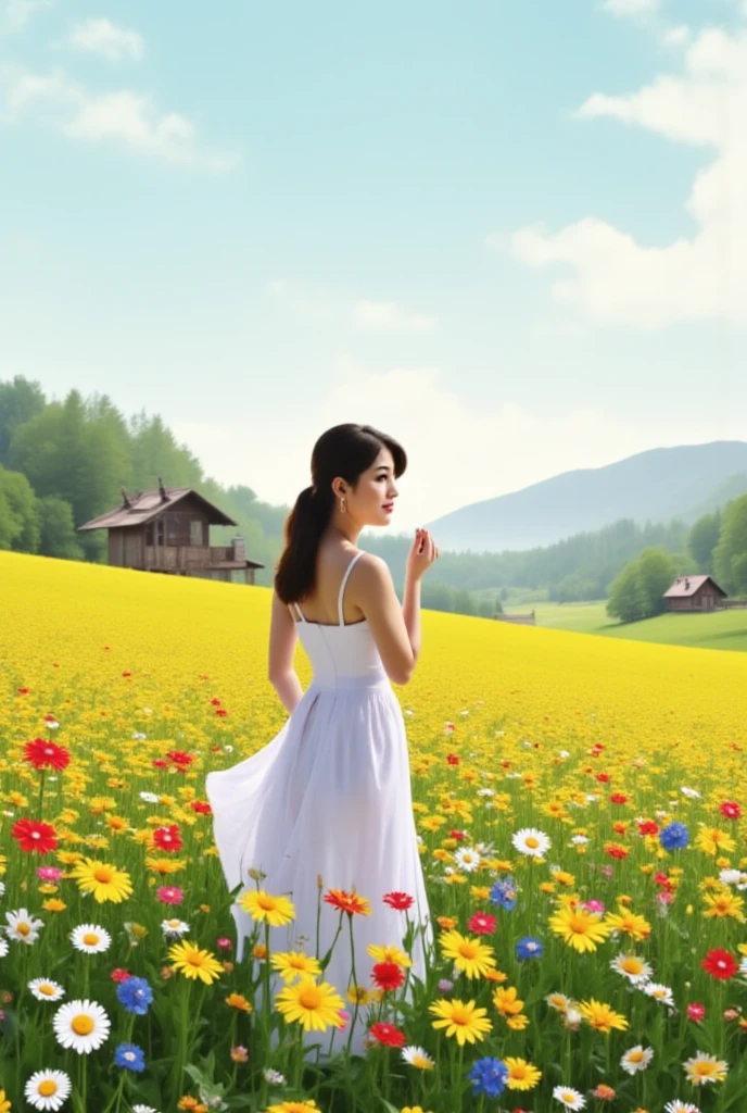 cute very pale chinese 28 year old woman standing in sea of tulips wearing a white skimpy halter dress revealing back, wearing heeled sandals, subtle smile, tall and slim, long wavy hair, wearing sunglasses, wearing a wide beige sun hat, standing in flower field, holding tulips and smelling them, dreamy expression, flower sea, only one person