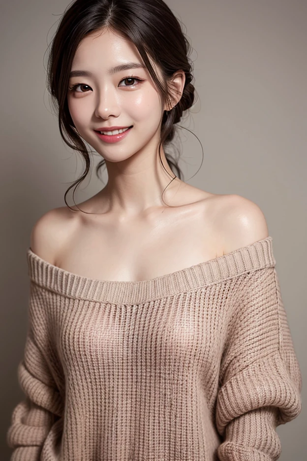 (8K、Raw photography、top-quality、​masterpiece:1.2)、(realisitic、Photorealsitic:1.37)、ultra-detailliert、超A high resolution、女の子1人、see the beholder、beautifull detailed face、A smile、Constriction、(Slim waist) :1.3)、Colossal 、Beautiful detailed skin、Skin Texture、Floating hair、Blurred background、inside in room、Whole human body、Black hair、Wearing a knitted dress with long sleeves、Smile、Japanese Models、ssmile