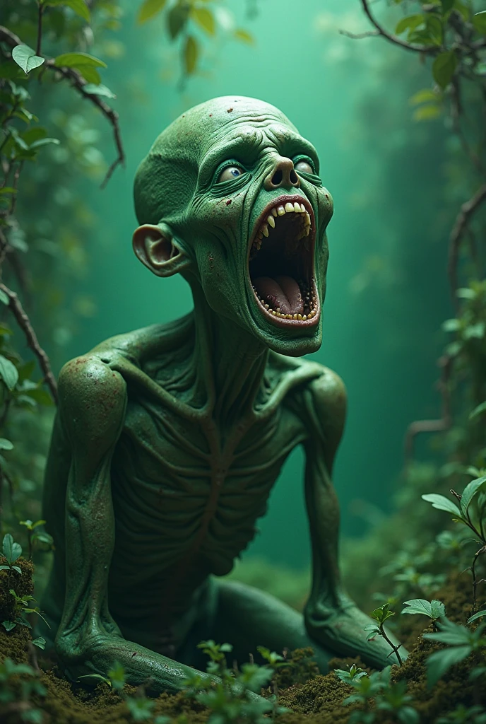 a man WITHOUT NOSE and WITHOU EARS, bald and naked but covered in mud, with entirely black eyes. He is vomiting snakes.  kneeling in a mud puddle, in the middle of the forest