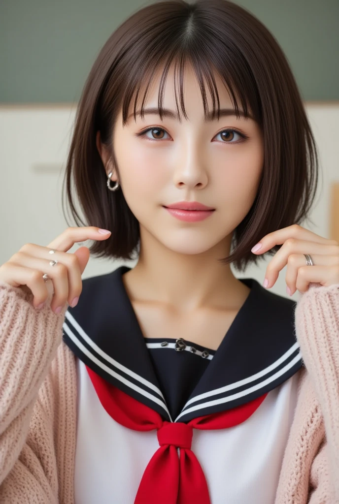 (masterpiece:1.3)、8k,Very fine finish、(High resolution、8k:1.3)、highest quality、Beautiful Hands、Beautiful Hands指、(Ultra-realistic as a photo:1.3), Ultra High Resolution Face、The face is in focus、Ultra high definition and beautiful eyes、(Concentrated eyes:1.3)、(Eyes are symmetrical:1.3)、High quality and beautiful skin、Firm Skin、Natural Makeup、Gloss lips, Ultra HD Hair Texture、Japanese women、high school girl、20-year-old、(High School Uniform:1.3), very cute, in red、Very short hair:1.2, Mid-chest, Pink wall、 (Very embarrassed:1.3), (blush:1.3), (View Viewer:1.2)