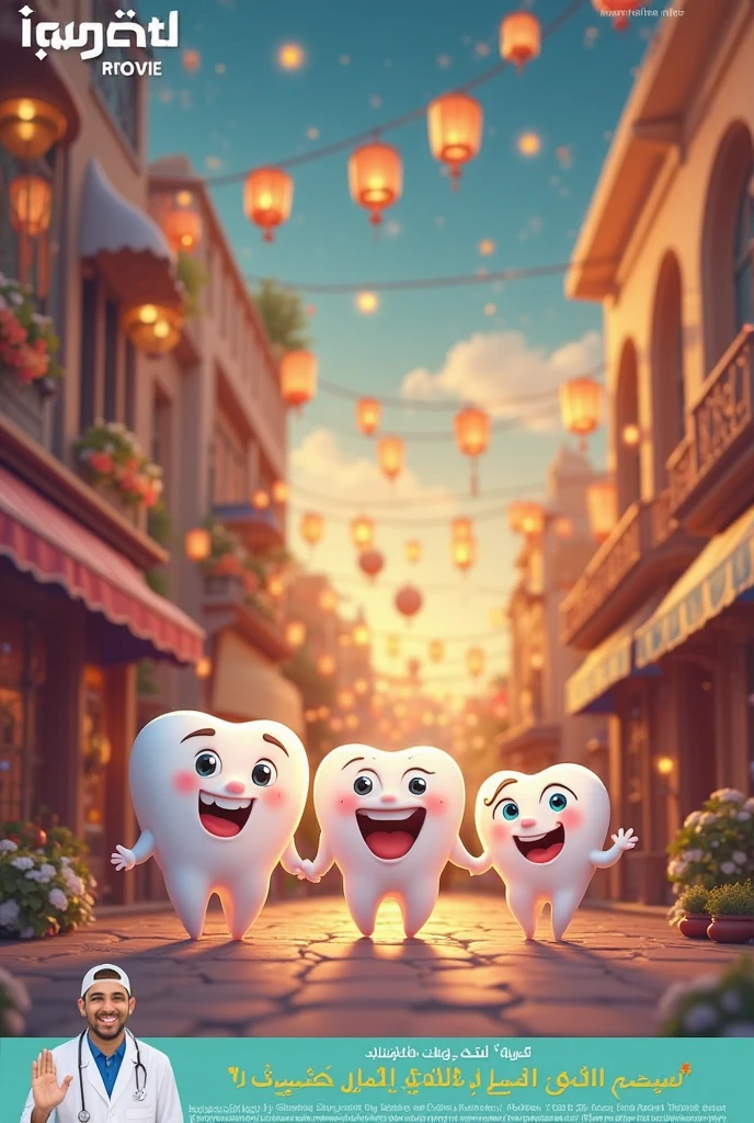 Scene 1: Bright Teeth in the City of Sorrisolandia - **Prompt:** A happy scene in Sorrisolandia, showing Bright Teeth walking down a street full of children laughing and playing, with bright smiles. The city is colorful, with tooth-shaped houses and colorful flowers.