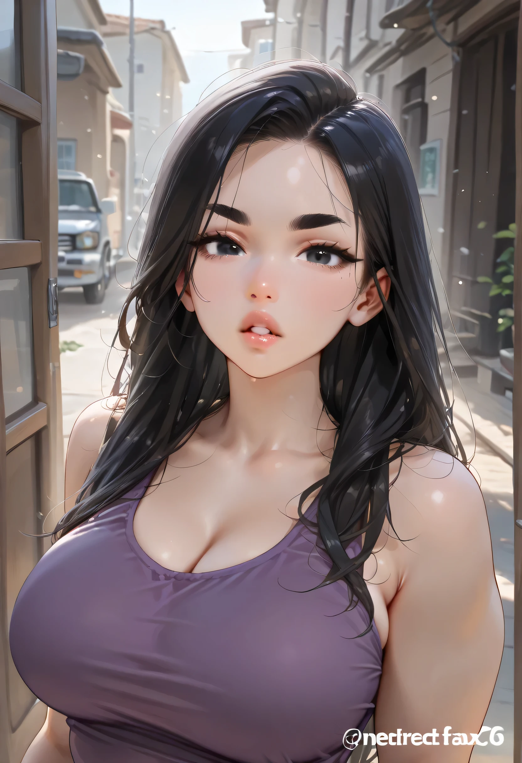 (perfect face), black hair, long hair, black eyebrows, (natural eyebrows), black eyes, black eyeliners, nose, lips, thick lips, parted lips, large breasts, (tank top), (purple tank top), ((looking at viewer))