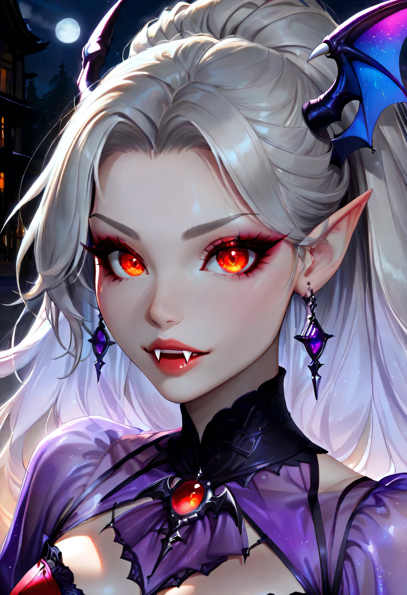 dark fantasy art, a picture of a fantasy, a beautiful female vampire, portrait, ultra feminine, best detailed body, ultra detailed face, best detailed face,  pale skin, dynamic hair, glowing eyes, vampire fangs, red eyes, wearing dynamic color dress, transparent fabric dress, goth dress, small cleavage, intricate dress, wearing high heels, it is night time, the moon is in the sky, a sense of dread, soft light. moon rays. high details, best quality, 16k, [ultra detailed], masterpiece, best quality, (extremely detailed), close up, ultra wide shot, photorealistic, RAW, fantasy art, dnd art, fantasy art, realistic art,((best quality)), ((masterpiece)), (detailed), perfect face, fantasy, vampyfangs1, Colorful, art by mooncryptowow