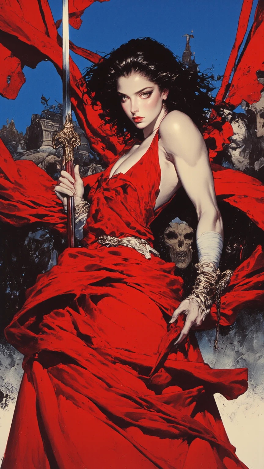 Ayami kojima art style, fullbody vampire hunter woman with crucifix ans small bikini, dark art, red eyes and sensual body, dark vampire costume, turn around, front, back, side, expressions.