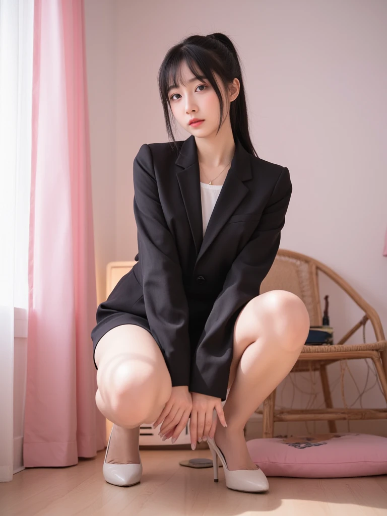 (masterpiece, highest quality:1.4), Award-winning portraits, 8K, 85mm, alone, Beautiful Face, Delicate girl, Biolaces, Gardenia, grace, Sophisticated, cute, Teen, Watching the audience, 15 years old, Raw photo, Disorganized, HDR, Sharp focus, A bow tie, Background bokeh、(((flat 、thin and delicate body、A childish atmosphere、naked、Full Body)))、Her shiny semi-long hair is tied up、Hair swaying in the wind、Mole on the left cheek、large, round, dark blue eyes、Full Body、Sitting on the floor、Junior idol、Nogizaka Idol、Mole under the eye、sexy、((basement、Embarrassing appearance、anxious look))