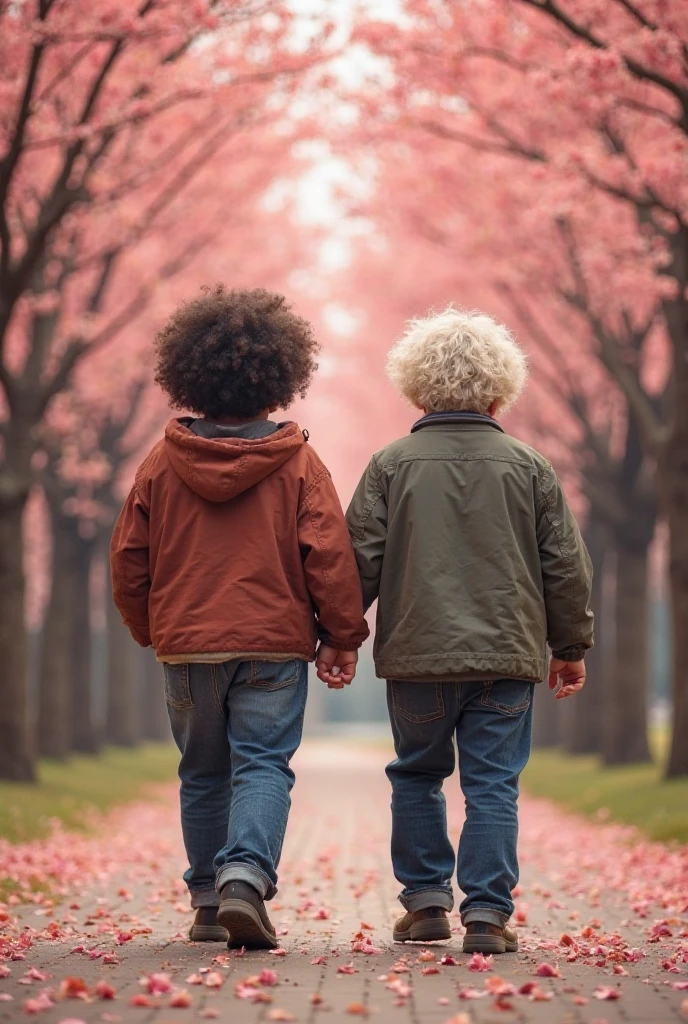 Create an image of a chubby age couple, walking together in a square of trees with cherry trees. Make one of the men be black, And the second white man, both with medium and curly hair, faça eles furry