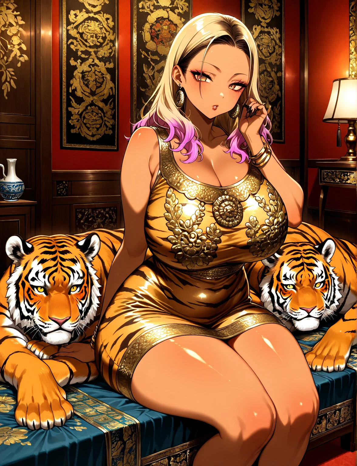 Femdom pretty ponytail girl with huge breast, upper class, luxury, triad female leader, Known for her impeccable fashion sense and elegant demeanor, she is a true embodiment of the Versace brand. Her body language is as captivating as her style dressed tiger print rubber trench coat with (((dramatic high coat collar))), leather pants, overknee boots, elegant sit on big throne, holding a whip, in basement, surrounded by ????? men