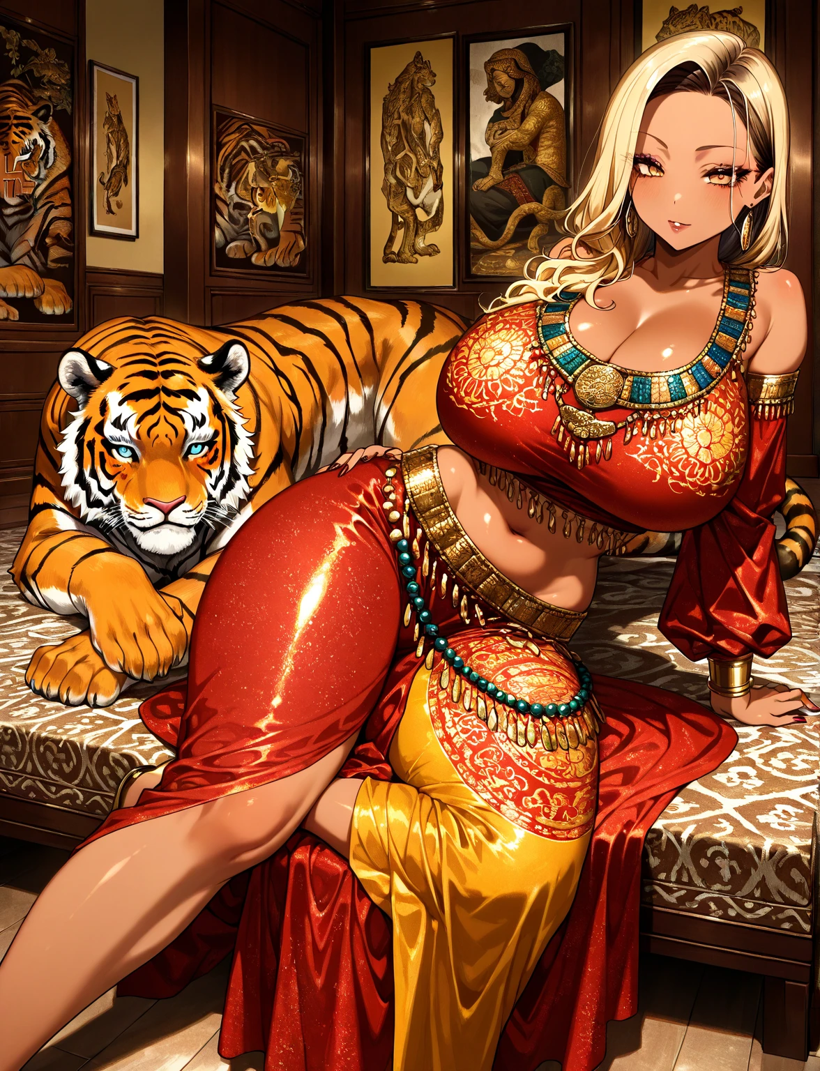 loincloth , Indian Style bra , Ancient India , A strong wind is blowing , Kathakali , motion blur , Brown Skin , plump , (Bengal Tiger:0.9) , Kama Sutra , Secret Petals while dripping nectar