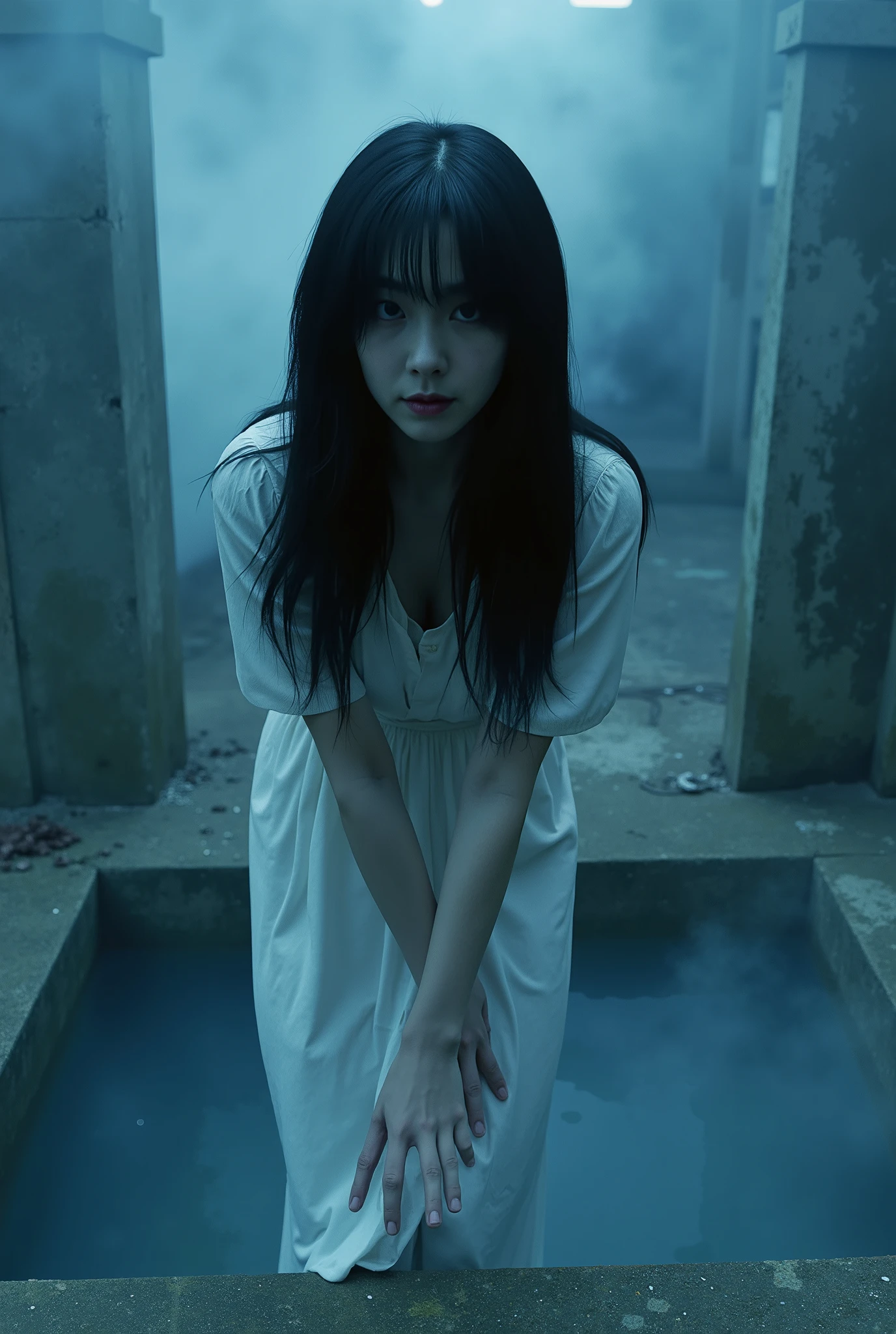 Create a scene featuring a beautiful Japanese actress is captured in a chilling scene from a horror movie. She has lifeless, pale skin and an unhealthy complexion, with deep purple lips. Her long, unkempt black hair is disheveled, partially obscuring her face, adding an eerie effect. She wears a flowing, pure white dress that accentuates her otherworldly appearance. The setting is in front of an old mansion's well, shrouded in thick mist, as she clings to the edge, attempting to crawl out. The lighting is dramatic, enhancing the overall sense of terror and suspense.