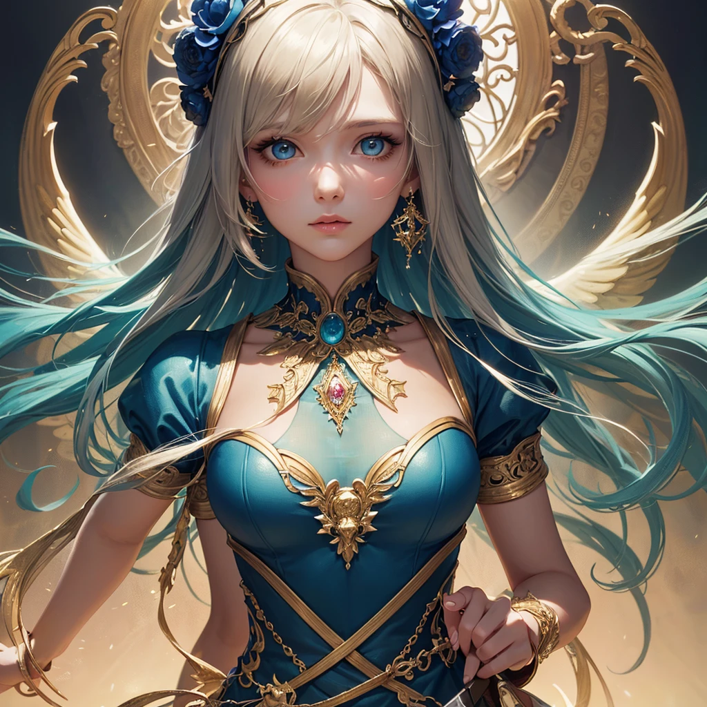 A woman with long hair and a flowing dress stands in the darkness, Blonde girl in cosmic dress, Amazing young ethereal figure, cosmic goddess, Astral appearance, galaxy goddess, Space Girl, Astral Fairy, Divine cosmic feminine power, Cosmic hair anime girl, goddess of space and time, Channeling rotational energy, A glowing halo surrounds her,Light,cleanness,Reflective,refractions,Ray traching,super-fine,Hyper-realistic,best quality,detailed hands, detailed eyes, detailed face,colors,