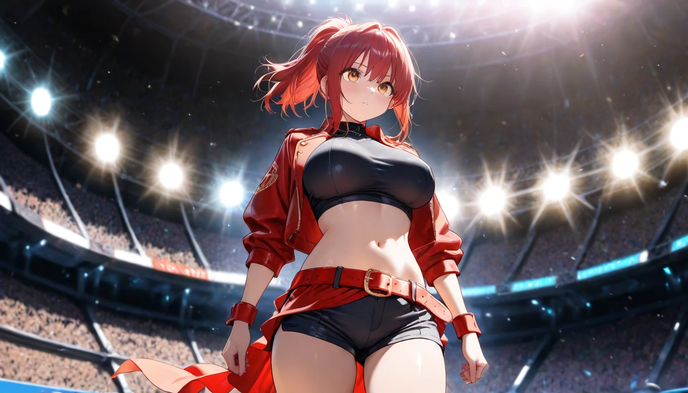 score_9, score_8_up, score_7_up, 1girl, solo, hourglass figure, Big breasts, kemonomimi, bear ears, brown hair, short hair, messy_hair, blue eyes BREAK freckles, (race Queen), black bikini, navel, red jacket, open jacket, high boots, black boots, standing, outdoors, racing stadium, looking at viewer, smirk, closed mouth, looking at viewer, cloudy sky, full body, high heels