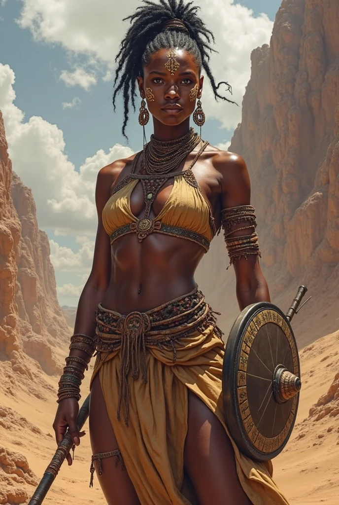 1 girl, black female, surprising seductress,. Stunning volup6body, bulky and sagging breasts, bikini armor,.Epic ancient African warrior, perfect proportion, cinematic portrait, por frank frazetta art, Art book cover, 32 mil, bright coloured, realisitic, Fantastic, fancy_realisitic, Detailed epic lighting, godrays, detailed back ground, Hyper resolution