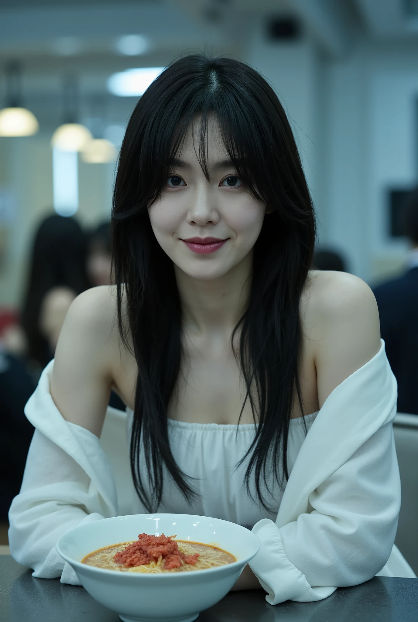 Capture a stunning Japanese actress during a break on a horror film set. She has a ghostly pale complexion, unhealthy skin tone, and deep purple lips, which enhance her eerie presence. Her long, disheveled black hair falls in a single length around her shoulders. She wears a flowing pure white dress that contrasts with her haunting appearance. In the background, the film studio cafeteria is visible, where she enjoys a bowl of ramen, smiling brightly. The scene is illuminated with cinematic lighting, creating a captivating juxtaposition between her fearsome look and the warmth of her smile.