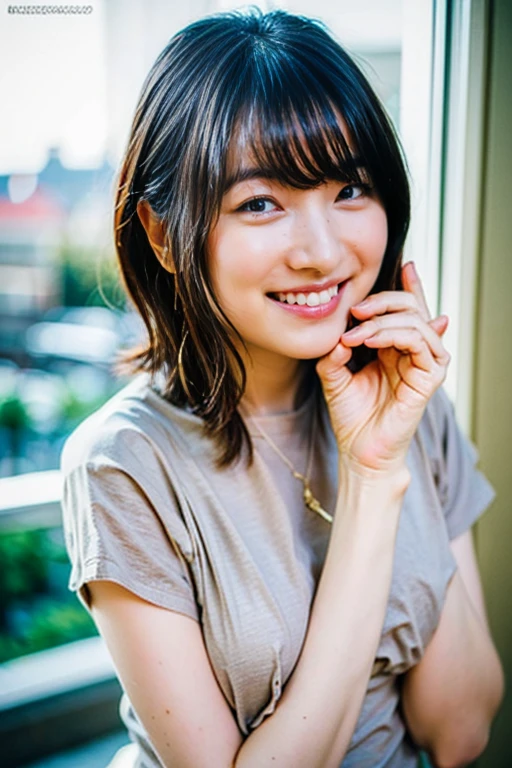 48 years old　Big Breasts　woman　A kind smile　Big eyes　Front teeth　Short Bob Hair　Japanese　classmate　Saggy breasts　Sexy appeal