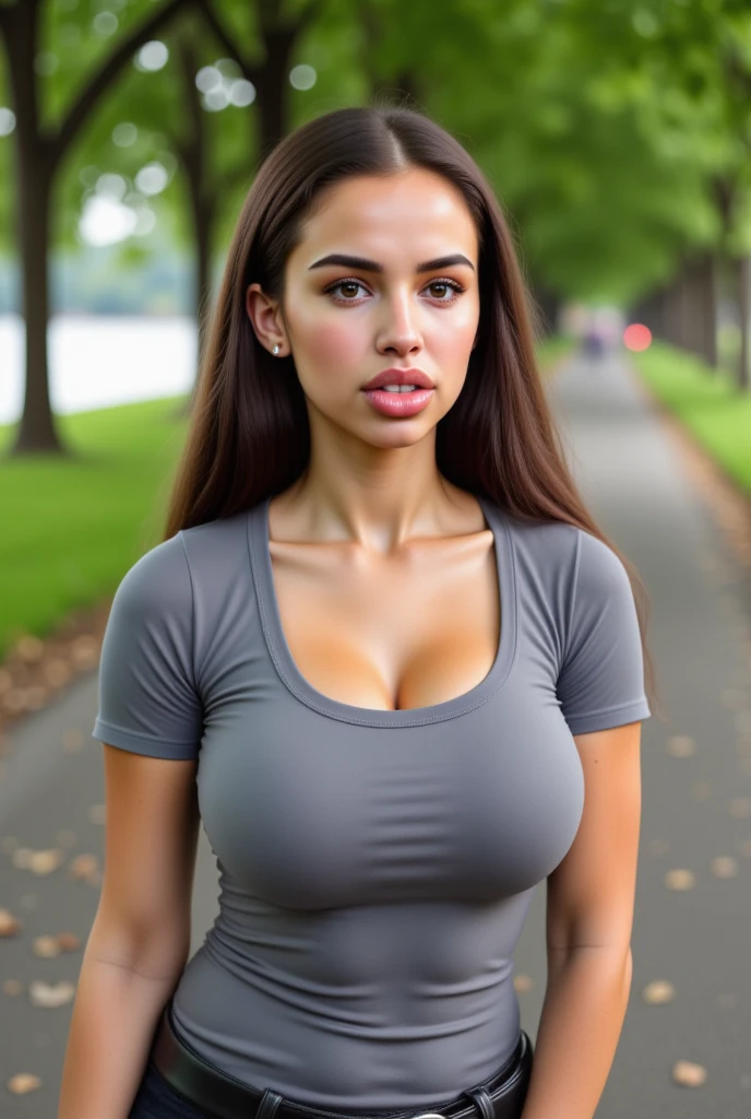 photography of a stunning girl, in the park, wearing leggings and a large green t-shirt, enjoying, girl, summer, hot girl, (((very heavy bust))), brunette hair, long_hair, symmetrical face, photorealistic, photography, spectacular lighting,, gorgeous, cleavage, western, (masterpice), best quality, high resolution, extremely detailed, skin with pores, depth of field, cinematic lighting
