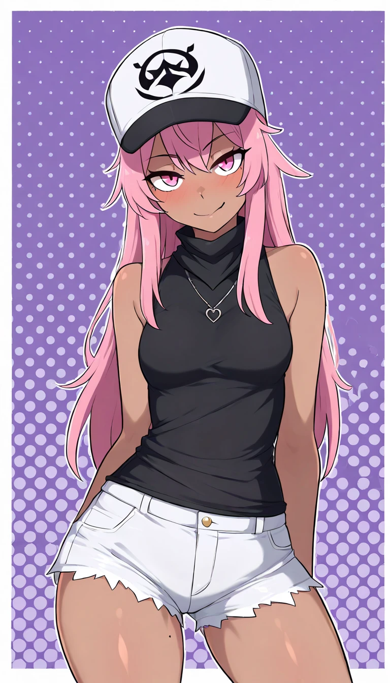 mina ashido, 1girl, solo, long hair, black crop top, black shorts, upper body, pink hair, horns, open eyes, yellow eyes, colored skin, flirtatious smirk, looking down at camera