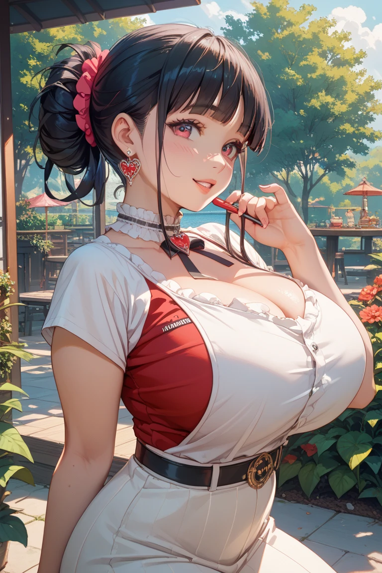 masterpiece, Best image quality, high resolution、solo、LOP,off shoulder outfit,big bust,、uniform、high-ponytail Hairstyle、Not wearing a bra、Sweaty face、latina, puberty,winters,,38 years old,Madame,goddess,mature 여성, mom,motherhood,mature,madam,wet nurse,clingy dress,middle-age,Yukdeokjim,The whole body