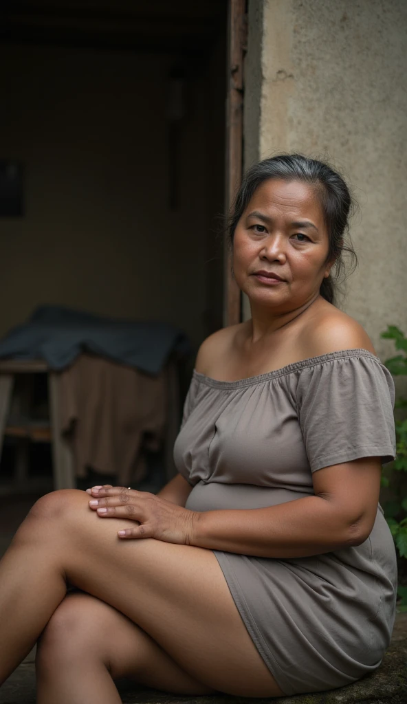 Indonesian woman aged 40 years old fat body with shabby hair not wearing clothes. Sitting in the lap and hugged by Indonesian women who are behind him 30 years old who are fat body with random hair wearing towels. Facing forward the background of the bedroom.