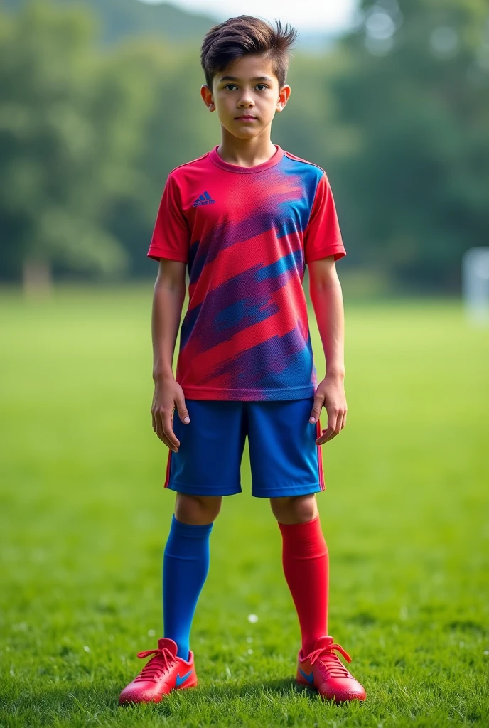 slim Soccer 12 year old boy extreme tight red wetsuit in the rain white soccer socks