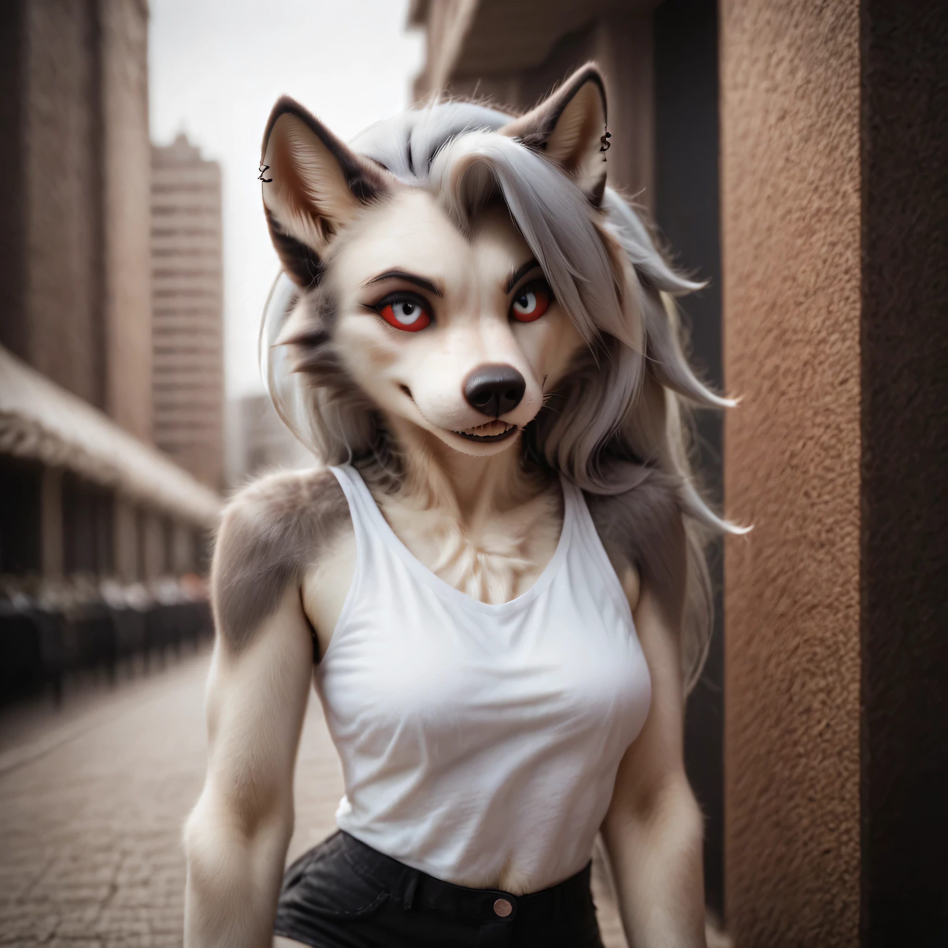 score_9_up,score_8_up,1girl,solo,amazing composition,incredible lighting,smiling,detailed background,shiny skin,outdoors,Loona,furry,anthro,city in hell,sleeveless shirt,short shorts,