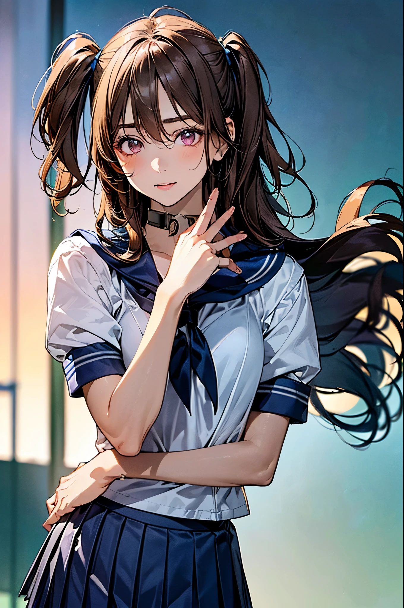 ((jojo pose, kakyoin pose)), , hand up, (hand over face), standing, looking at viewer, (five fingers), 
(masterpiece:1.3, top-quality, ultra high res, ultra detailed), (realistic, photorealistic:1.3), beautiful illustration, perfect lighting, natural lighting, colorful, depth of fields, 2025s, , 
beautiful detailed hair, beautiful detailed face, beautiful detailed eyes, (perfect anatomy, anatomically correct, super detailed skin), shiny skin, 
1 girl, high school girl, cute and symmetrical face, perfect face, perfect eyes, perfect body, perfect fingers, babyface, cute face:1.2, tiny, 
(middle hair, (two side up:1.3), dark brown hair), hair between eyes, maroon eyes, long eye lasher, (medium breasts, seductive thighs), slender, skin dentation, 
(detailed cloth texture), break ((short sleeve sailor uniform, , navy blue sailor collar:1.2, navy blue pleated micro mini skirt)), break ((dark blue sailor scarf)), break 
(beautiful scenery), summer, evening, detailed background, (park:1.5), 