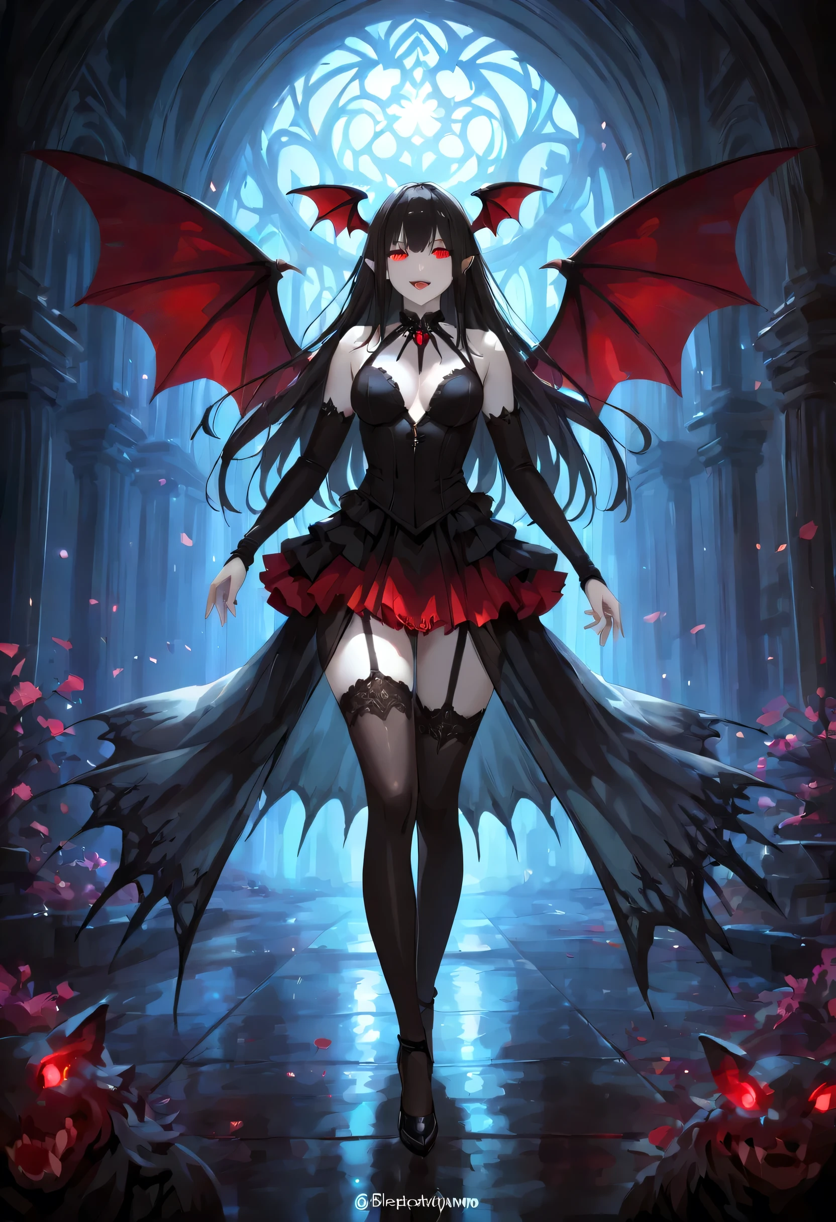 dark fantasy art, a picture of a fantasy, a beautiful female vampire, portrait, ultra feminine, best detailed body, best detailed face, best detailed face,  pale skin, dynamic hair, glowing eyes, vampire fangs, red eyes, wearing dynamic color dress, transparent fabric voile  dress, goth dress, small cleavage, intricate dress, wearing high heels, it is night time, the moon is in the sky, a sense of dread, soft light. moon rays. high details, best quality, 16k, [ultra detailed], masterpiece, best quality, (extremely detailed), close up, ultra wide shot, photorealistic, RAW, fantasy art, dnd art, fantasy art, realistic art,((best quality)), ((masterpiece)), (detailed), perfect face, fantasy, vampyfangs1, Colorful, art by mooncryptowow