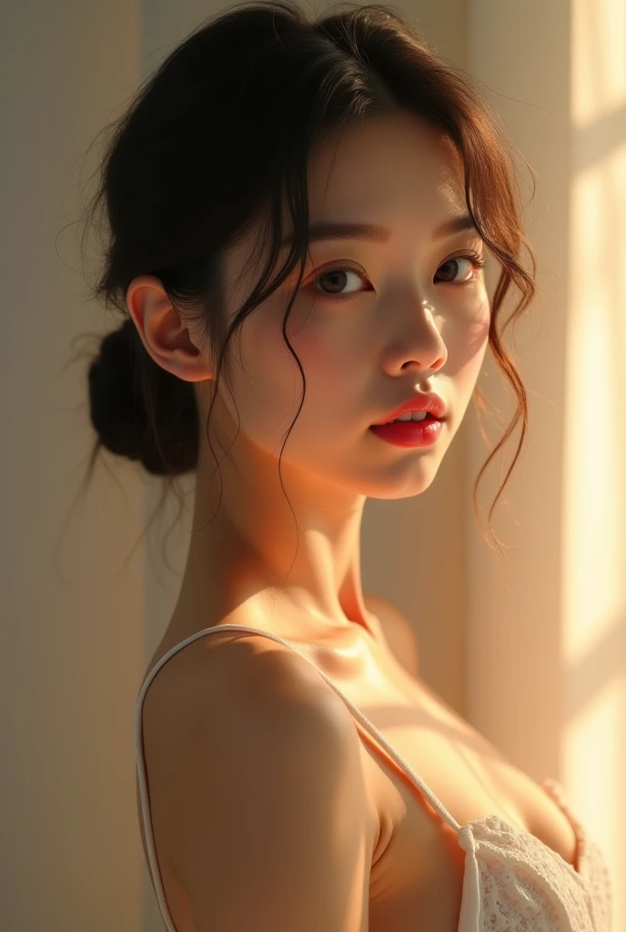 Best quality, masterpiece, ultra high res, (photorealistic:1.5), raw photo, 1girl, offshoulder, in the dark, deep shadow, low key, cold light, sexy look, short hair