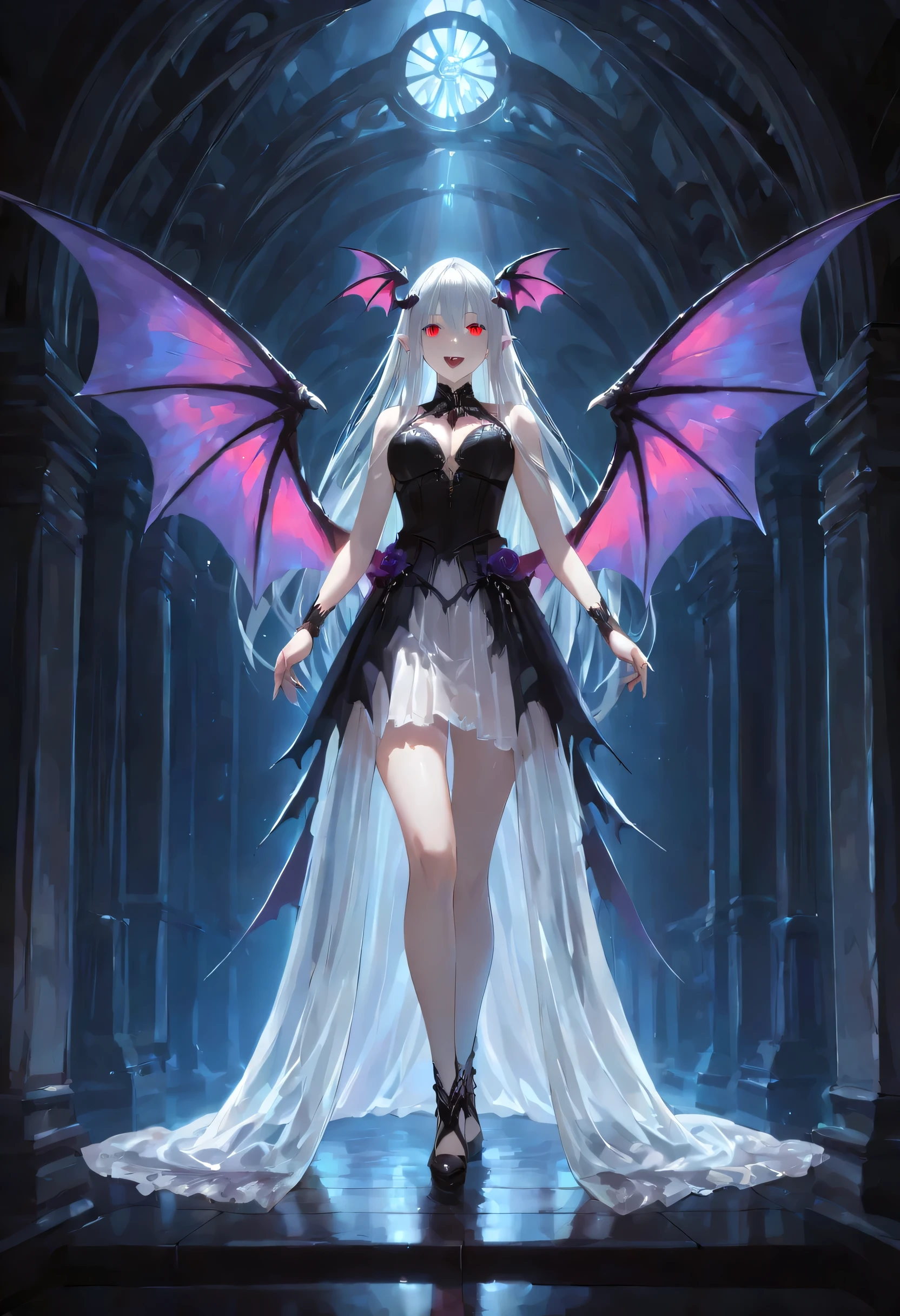 dark fantasy art, a picture of a fantasy, a beautiful female vampire, portrait, ultra feminine, best detailed body, best detailed face, best detailed face,  pale skin, dynamic hair, glowing eyes, vampire fangs, red eyes, wearing dynamic color dress, transparent fabric voile  dress, goth dress, small cleavage, intricate dress, wearing high heels, it is night time, the moon is in the sky, a sense of dread, soft light. moon rays. high details, best quality, 16k, [ultra detailed], masterpiece, best quality, (extremely detailed), close up, ultra wide shot, photorealistic, RAW, fantasy art, dnd art, fantasy art, realistic art,((best quality)), ((masterpiece)), (detailed), perfect face, fantasy, vampyfangs1, Colorful, art by mooncryptowow