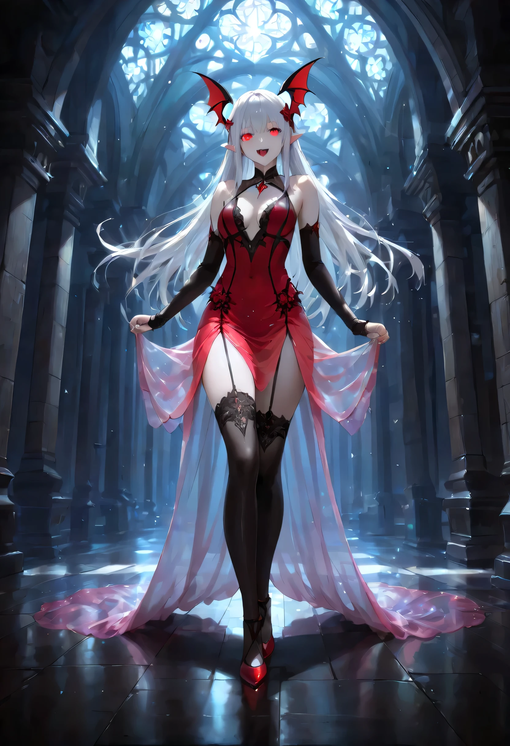 dark fantasy art, a picture of a fantasy, a beautiful female vampire, portrait, ultra feminine, best detailed body, best detailed face, best detailed face,  pale skin, dynamic hair, glowing eyes, vampire fangs, red eyes, wearing dynamic color dress, transparent fabric voile  dress, goth dress, small cleavage, intricate dress, wearing high heels, it is night time, the moon is in the sky, a sense of dread, soft light. moon rays. high details, best quality, 16k, [ultra detailed], masterpiece, best quality, (extremely detailed), close up, ultra wide shot, photorealistic, RAW, fantasy art, dnd art, fantasy art, realistic art,((best quality)), ((masterpiece)), (detailed), perfect face, fantasy, vampyfangs1, Colorful, art by mooncryptowow