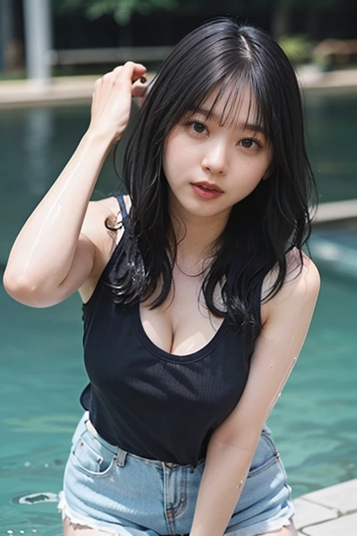 (8K, RAW photos, best quality, masterpiece:1.2), (Camera angle is from bottom to top), A 20-year-old Japanese woman with a beautiful face, small head, eyes are dark blue, Smiling brightly, high definition face, light brown wavy long hair, (((Wearing loose-fitting clothes, At an outdoor beach cafe, flowing mesh clothes)), Adult, Band stockings, Small tattoo, glamorous body, nipple, clean skin, big bust, Sagging breasts due to gravity,