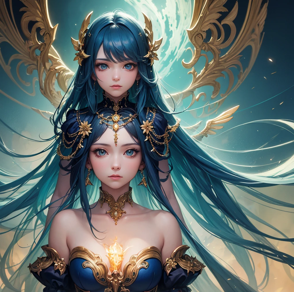 1girl, masterpiece, extremly detailed, ((Cinematic lighting)), (glowing), ((dramatic lighting)), ((beautiful detailed glow)), intricate detail, lens flare, multicolored hair, rainbow hair, long hair, multicolored dress, butterfly hair ornament, butterflies, (light particles), Arms behind back, large breasts, [curvy], cowboy shot, light smile, green eyes, church, stained glass, spotlight, dark background, floating hair, floating hair, looking at viewer,((colorful)), (two heads)