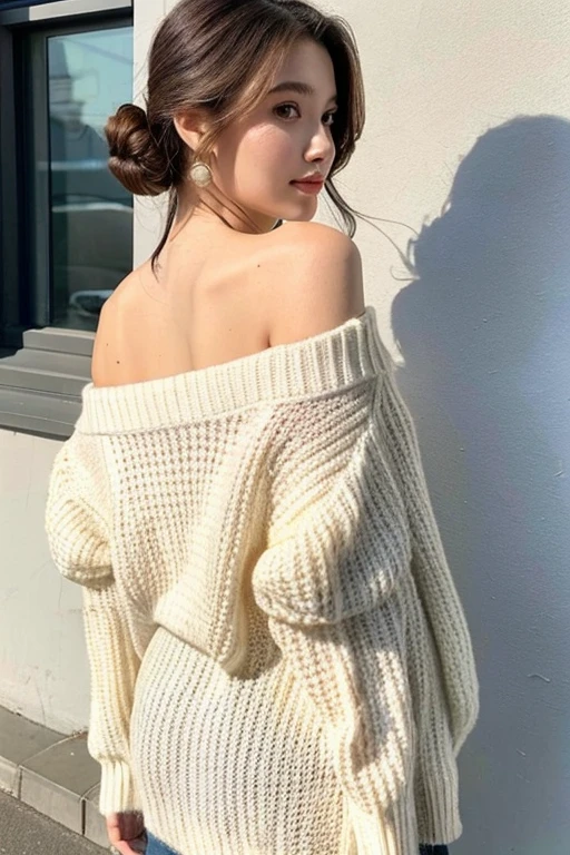 ((highest quality)), ((masterpiece)), (detailed), One girl, Off-the-shoulder sweater, naked