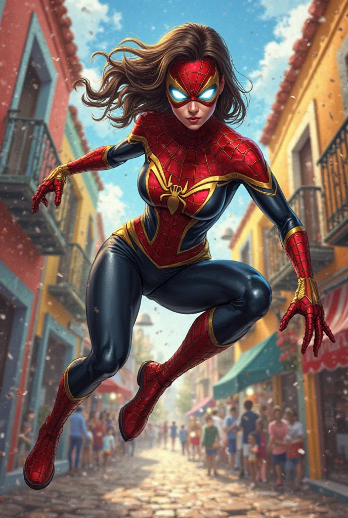 Lyndsy Fonseca、Sticking out the navel、newyork、She wears a torn Spider-Man suit,wearing skirt、 Red and black color scheme,Dynamic、masterpiece、top-quality、ultra-detailliert、ighly detailed、beautiful detailed brilliance、超A high resolution
