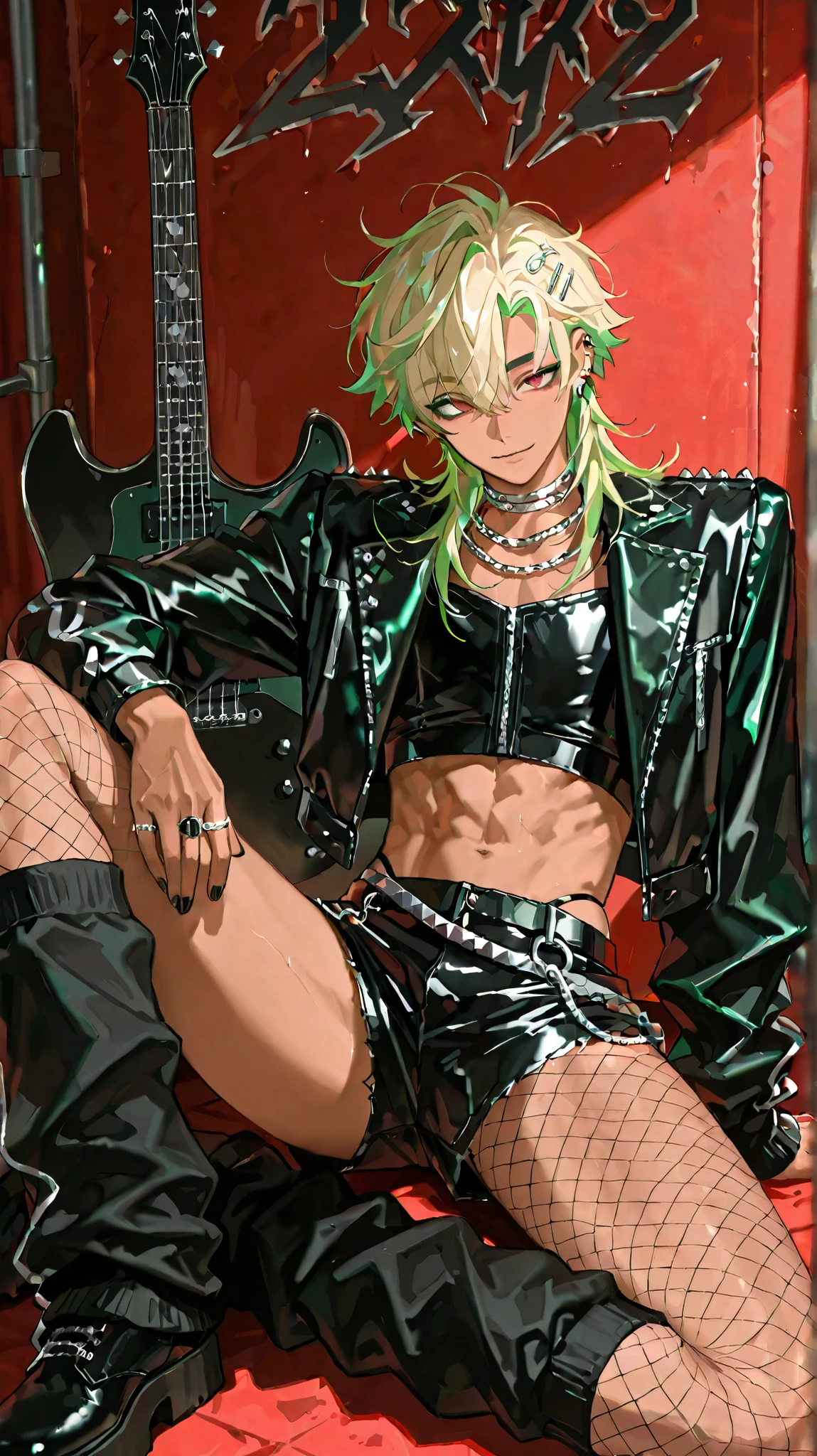1male,handsome,visual kei style,medium hair, heavy black eyeliner, green eyeshadow,black leather outfit adorned with silver chains, studs,rings,His pose is confident,dimly lit backstage dressing room,scattered guitar cases,black nail, bob hair, top quality,high quality,masterpiece, gyaruoh, (blonde:1.2), red eyes, androgynous, green hair tip highlight, beautiful young man, slightly muscular, 6 foot tall, hair clips, tanned skin, 18 years old male, solo, detailed face, mullet hair, punk, bolero jacket, (hot pants:1.2), crop top, piercings, naval piercing, side parting, high cut thong, adult male, dot eyebrows, hot pants, fishnet pantyhose, leg warmers, wink