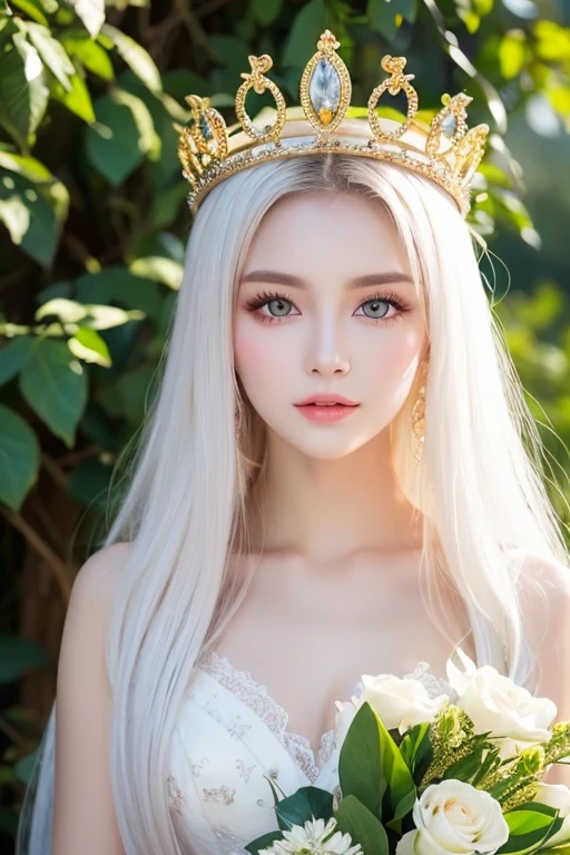 a woman with long wavy platinum blonde hair and white flowers in her hair is laying down in a field of white flowers, using a beautiful white dress with flowers ornament and long sleeves, the dress accentuates the body and has a high collar, the woman with golden eyes and delicate curves, the discreet smile that stands out on her doll-like lips, at her side a black cat with a red bow around its neck, the black cat is on her lap receiving affection and wearing a crown of white flowers, attention to detail, sharpness, vivid colors, focus, realistic details, ultra hd, dynamic poses, (amy sol:0.248), (stanley artgerm lau:0.106), (a detailed painting:0.353), (gothic art:0.106)