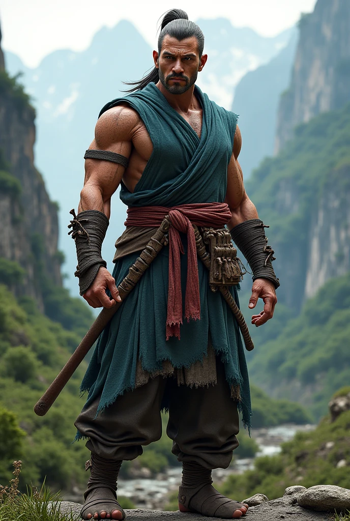 Prabhas with ponytail hairstyle, fully grown beard, holding gun in one hand and sword in other hand