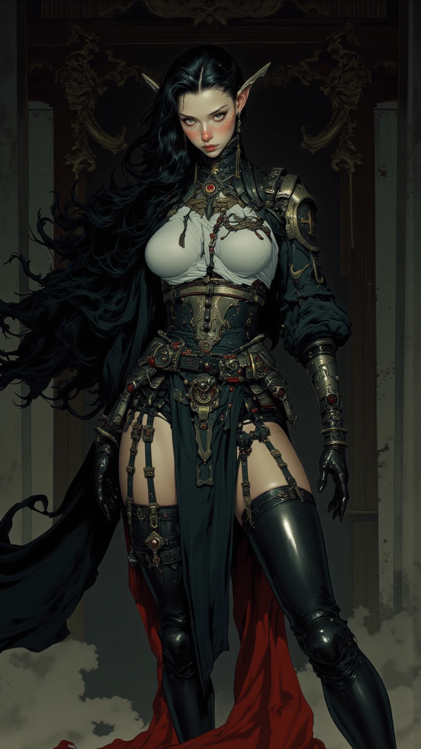 (skindentation:1.5), realistic, photorealistic, (masterpiece:1.5), concept art, intricate details, highly detailed, octane render, 8k, unreal engine, sexy seductive slutty dynamic pose, best quality, highres, ((dramatic)), epic, depth of field, 8k, particles, (realistic face:1.1, hyperrealistic:1.1), ((1vampiregirl, close-up, accentuated super huge enormously gigantic breasts, cleavage showing, perfect eyes, detailed eyes, high quality eyes, perfect face, high quality face, shiny pale skin:1.2, shiny face:1.2, embarrassed, blushing:0.8, red eyes)), server, dark gothic horror rustic tavern interior in background, pitcher, sign, jovial fantasy atmosphere, detailed background, blurry wooden bar table as foreground, (((very long platinum brown hair, perfect hands))), ((extremely intricate cloak, leather corset armor, leather belt, boots, padded cloth, gloves with lots of straps buckles and zippers)), Full body portrait