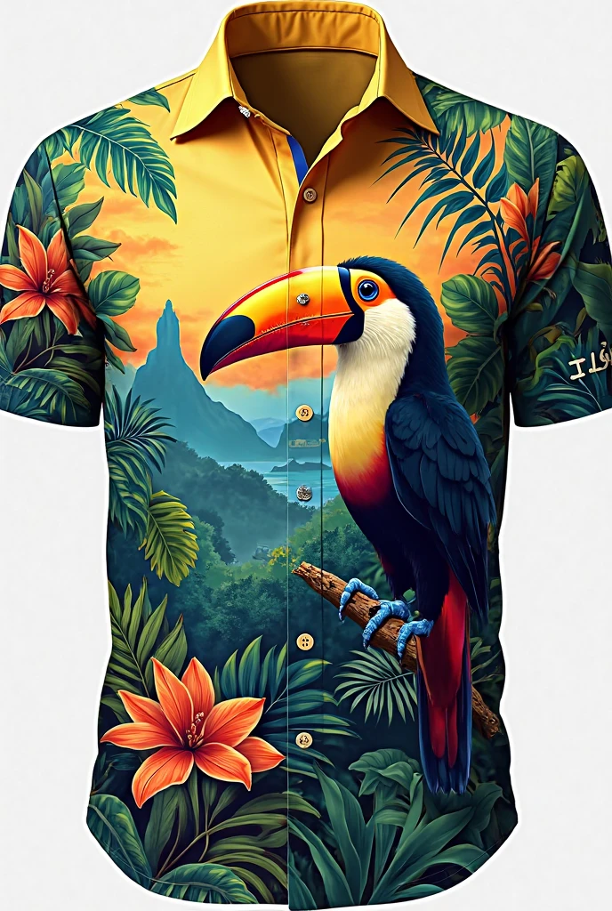 Design a white long sleeve shirt, that it has a black to orange fade on the bottom part and that a full sleeve is with wild animals from Costa Rica