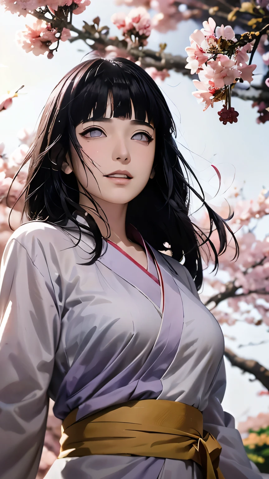 Hinata Hyuga from Naruto, performing a graceful dance under a blooming cherry blossom tree during Hanami (flower viewing) festival. Soft sunlight filters through the branches, creating interwoven patterns of light and shadow on her kimono. Her lavender eyes reflect the falling petals, while her long dark hair flows gently in the breeze. The scene is cinematic, with a shallow depth of field focusing on her serene expression and the delicate motion of her hands forming a gentle hand seal. The background is a dreamy blur of pink and white cherry blossoms, with faint chakra energy glowing around her figure. Ultra-detailed, anime-style, vibrant colors, and soft lighting to enhance the romantic atmosphere.