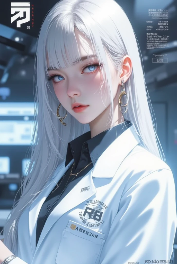 photorealistic, high resolution, 1women, solo, hips up, look at viewer, (detailed face), white hair, long hair, doctor outfit, stockings