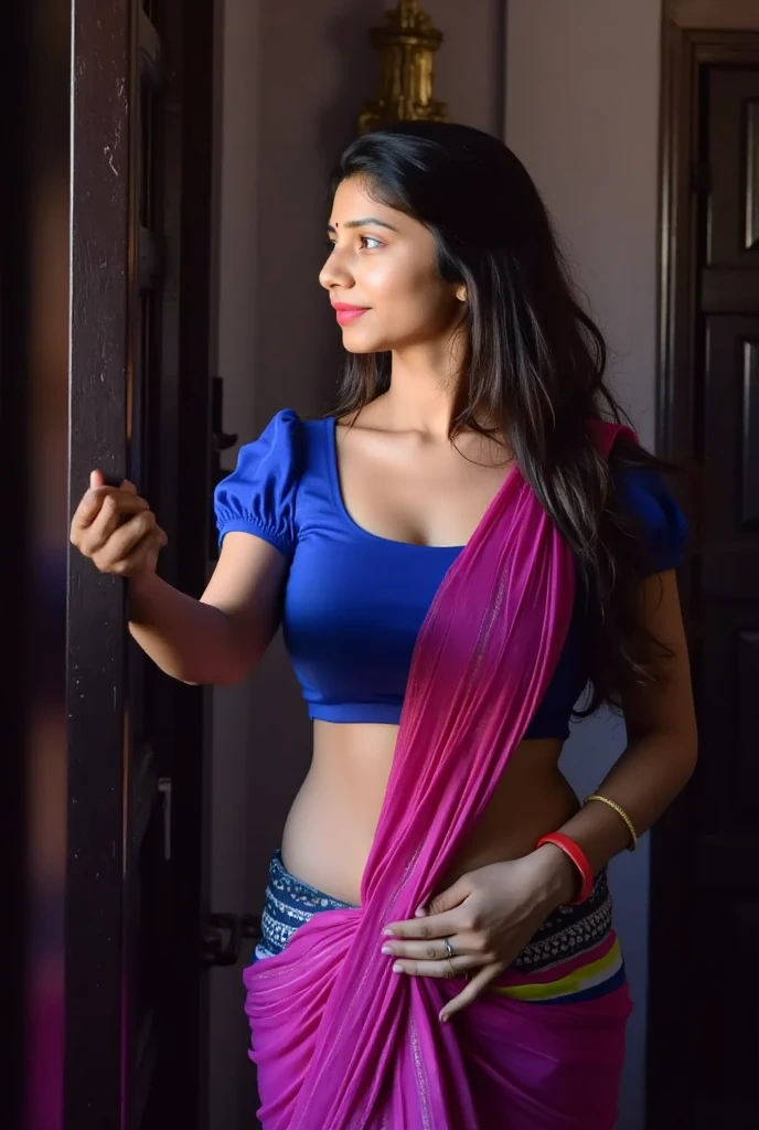 cute smiling Indian woman, beautiful detailed face, beautiful detailed eyes, beautiful detailed lips, laughing expression, blue crop top, no pants, bare legs, hairy pussy, realistic, photorealistic, studio lighting, 8k, high resolution, masterpiece, ultradetailed, vibrant colors, award show setting, beautiful lighting, elegant formal occasion,((bottomless show hairy pussy)).