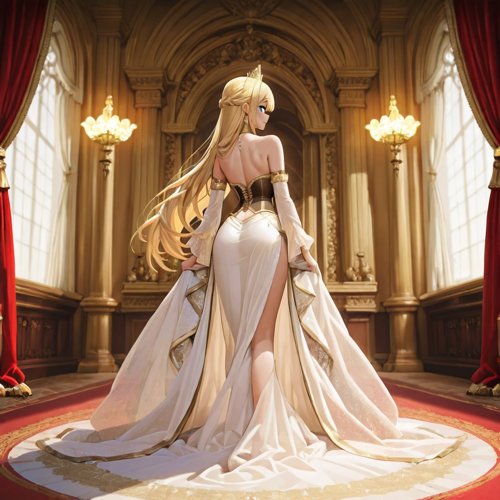 A woman wearing a navy blue medieval madame costume with white details, walking in a room of a medieval castle, long blonde hair, orange eyes, smiling, big breasts. blue heels, long white hair, straight bangs, blue eyes, smiling, big breasts, in a sophisticated luxury airport. shadow, flower, UHD, masterpiece, accurate, anatomically correct, textured skin, super detail, high quality, best quality, 8k, high resolution, bokeh effect.(woman solo)