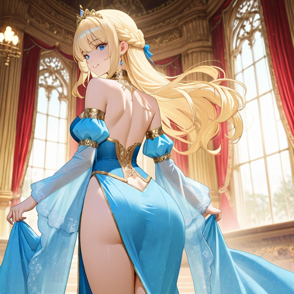 Embarrassed blushing Cinderella in a dress shows her ass