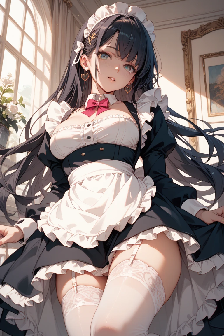 masterpiece, best quality, realistic, photorealistic, great lighting, ultra-detailed, dynamic angle, perfect face, (bright lighting:1.2),beautiful detailed eyes, extremely detailed face, perfect lighting,
1girl, black twintail hair, glasses, clothes about to come off,
gothic lolita costume, frills, skirt, stockings, high-heeled shoes,
Composition looking up from below, classroom, straddle a chair, M leg, lift up one's skirt,
sweaty, wet body, navel out, thighs out, buttocks, large breast, slim, slender, translucent body, Transparent, Embarrassed expression, blush, ((White panties, cameltoe)),