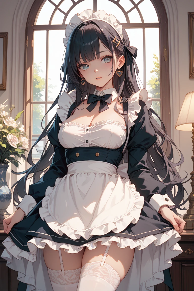 (woman:1.2, hot maid:1.3, pretty:1.1, anime:1.05, maid costume, black hair:1.1, long hair, black eye, best quality, ultra details, super realistic, 8k, full body:1.2, indoors, hd)