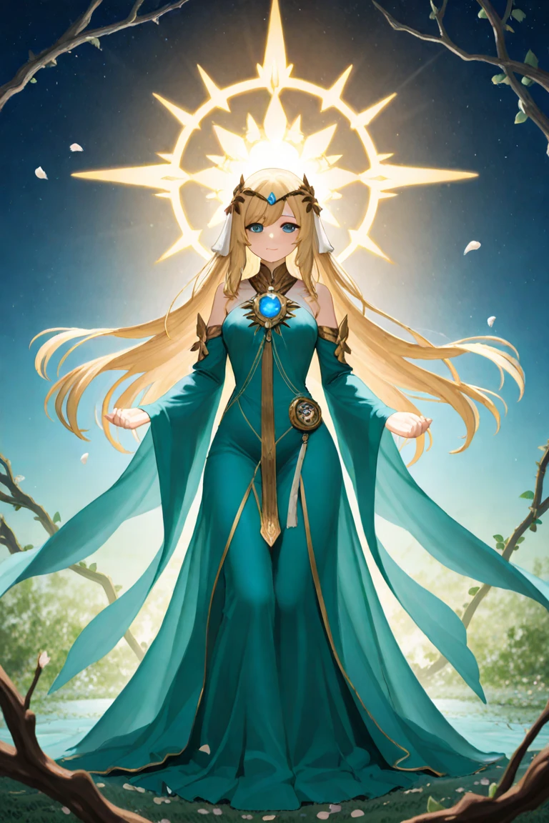 stunning, wavy blonde hair, blue sparkling eyes, glowing skin, delicate facial features, graceful posture, long elven ears, flowing robes, intricate staff, magical aura, enchanting forest background, ethereal lighting, mystical atmosphere, fantasy portrait, detailed rendering, highres, vivid colors, elven princess, majestic presence, captivating gaze, elven symbols, mystical creatures, enchantment, elven grace, elven beauty, elven magic, full body.