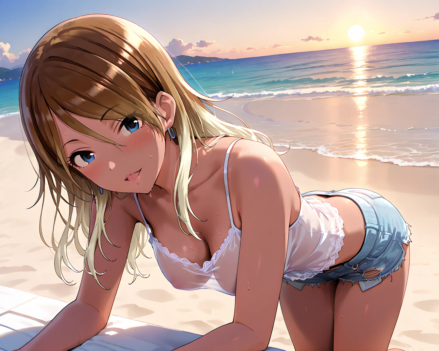 realistic, 1girl, long pink hair, green eyes, glowing eyes, see through tank top, short shorts, big smile, blush, shy, night, beach, sun, sunlight, camel toe, wet, beautiful girl