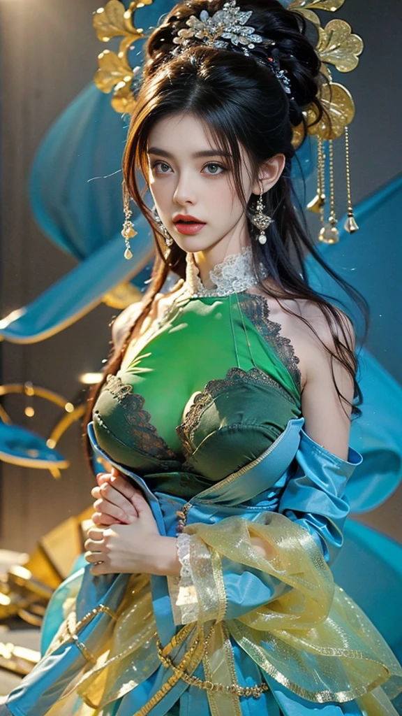 (hyper realisitic), (Illustration), (High resolution), (8K), (Extremely detailed), (Best Illustration), (Beautiful quality with attention to detail), (Ultra-detailed), (masutepiece), (wall-paper), (Photorealistic), (Natural light), (Rim lighting), (Detailed face), (Highly detailed realistic skin texture), (Anatomically correct), (Solo), (1 girl), (extremely detailed realistic hair), (Blue hair:1.2), spiked hair, (Heterochromic eyes), (Detailed green eyes), (Small moles under the eyes), (Realistic big breasts:1.5), (Exposed breasts:1.3), (Long legs), (Slender Abs), (Dynamic Pose), (Closed mouth:1.3), (Traditional cheongsam costume), (Sheer clothes:1.5), NSFW,nakeness