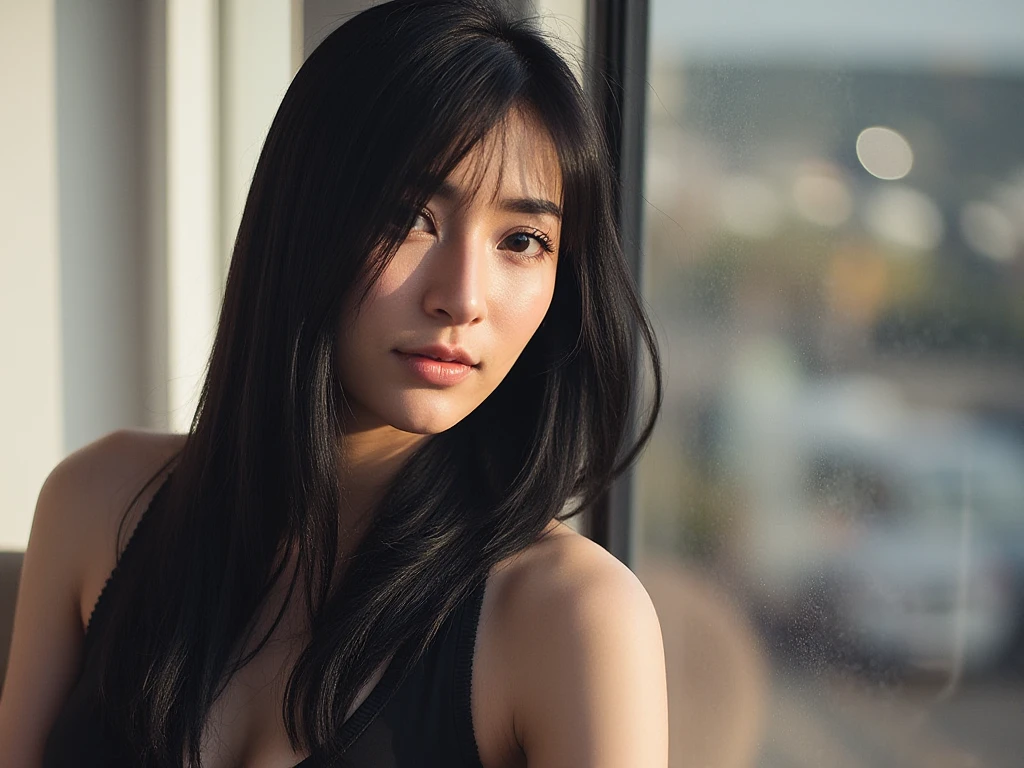 Photo, (Photorealistic: 1.4), (Hyperrealistic: 1.4), (Cinematic: 1.5), Woman in her twenties, long black hair, (beautiful and delicate face), High quality eyes, dark blue dress, night, moonlight, dark blue tones, silhouette, backlit, meadow, hair swaying in the wind, fog, Canon EF 35mm, f:1.8,